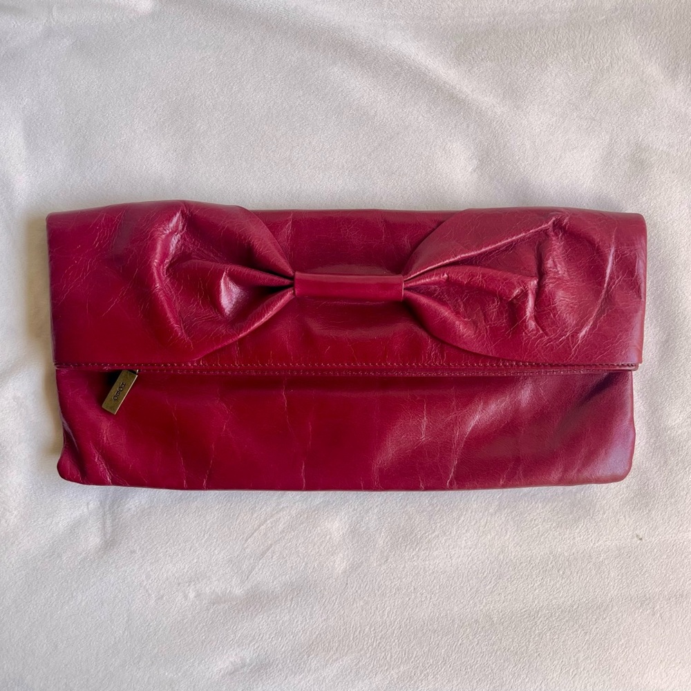HOBO International Leather Bow Clutch Purse in Pink Red Fuchsia - Picture 3 of 11